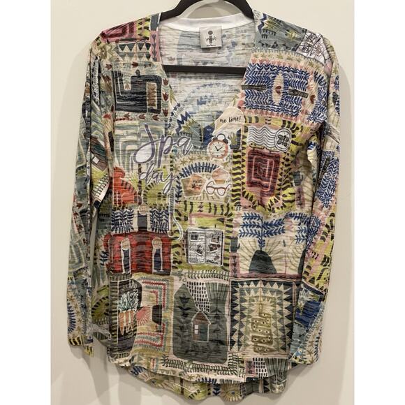 Inoah Art To Wear Women Oversized Artsy “Spa Day” Pattern Tunic Shirt Boho Sz S - Picture 2 of 11